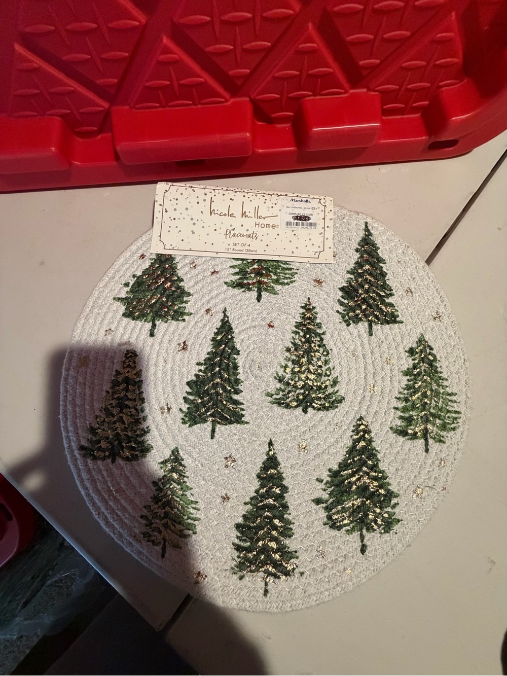 Nicole Miller White Braided Placemats  with Green and Gold Tree Accents